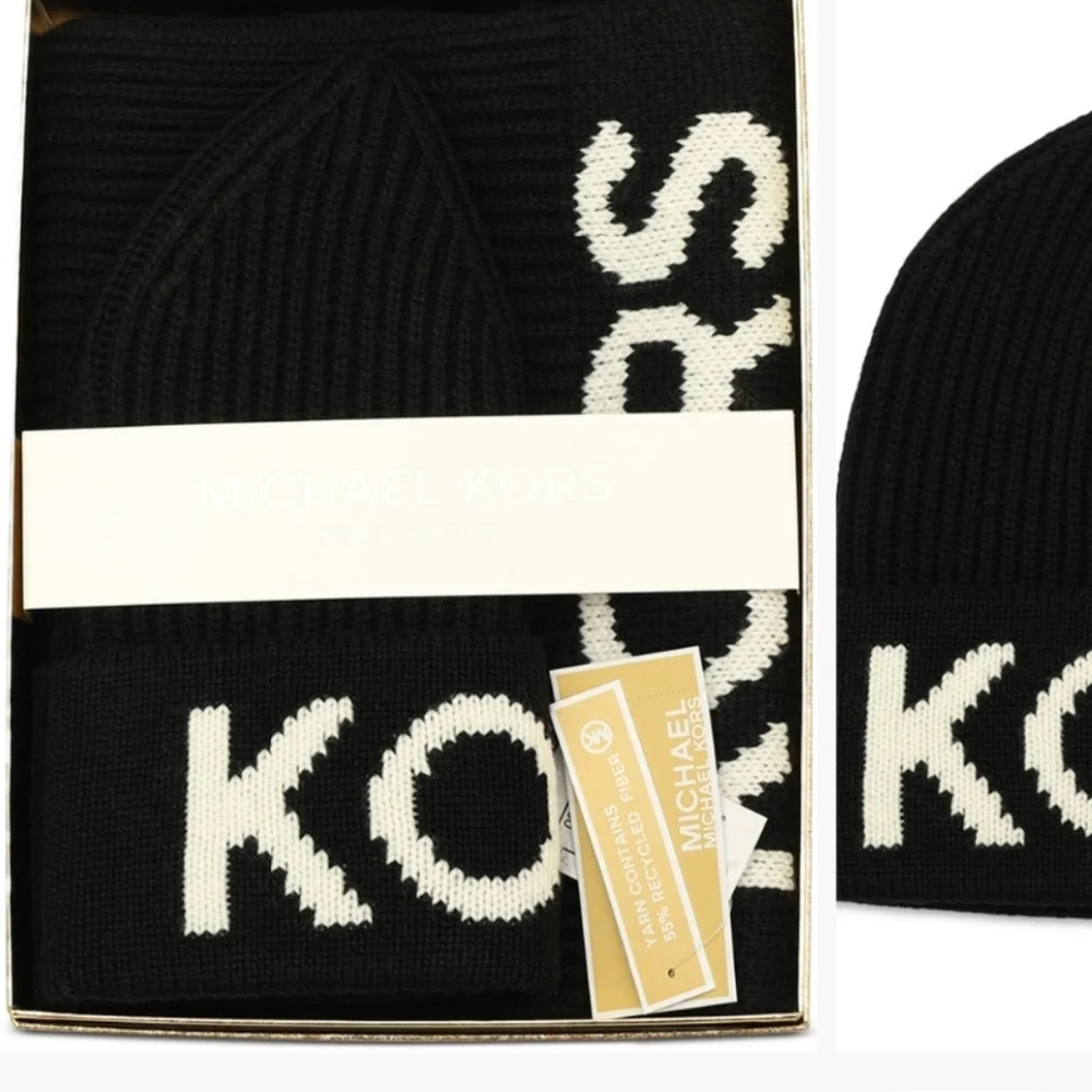 NEW NIB Michael Kors Women's Fishermans Rib Beanie Black White Scarf Set Gift